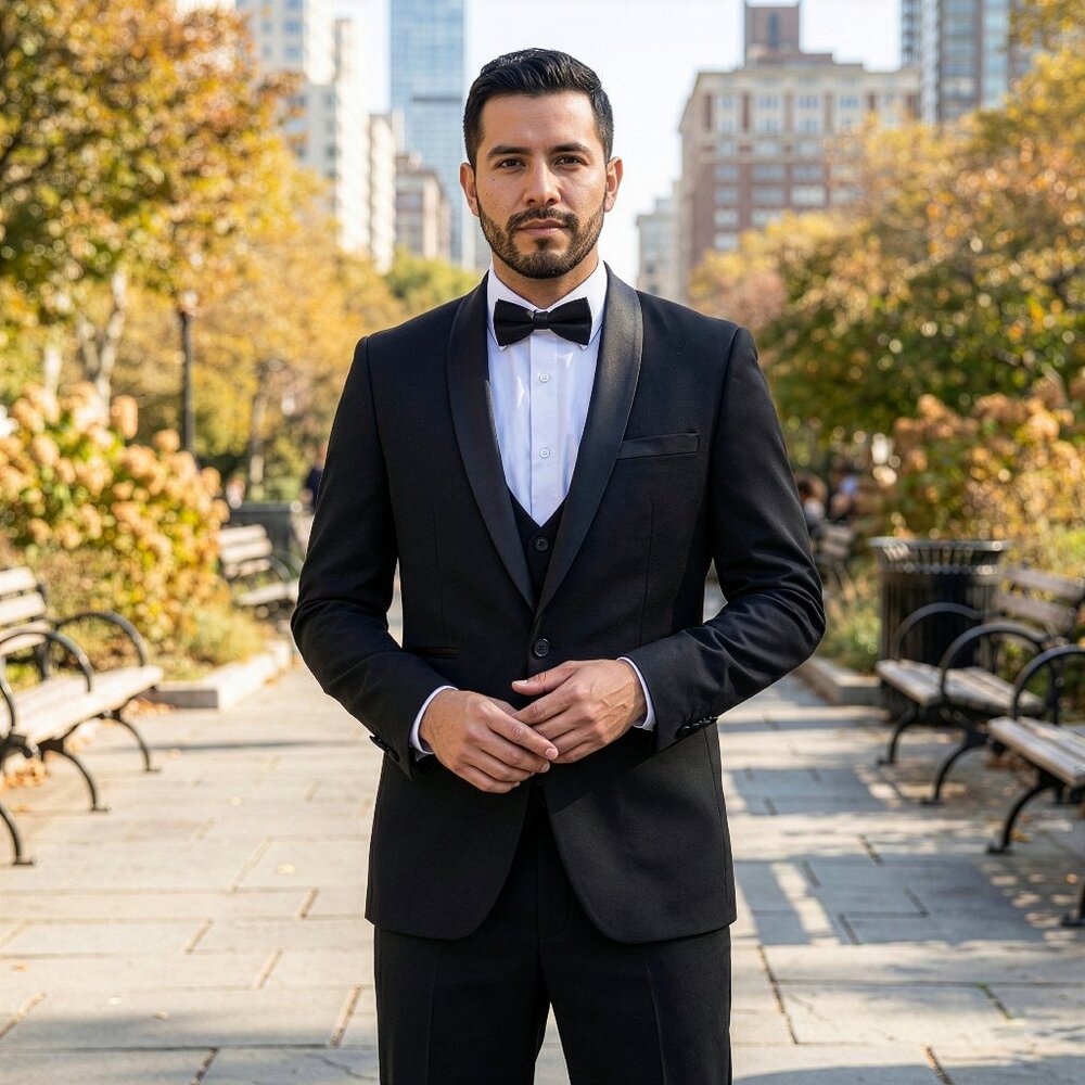 New 2026 Mens 3pc Solid Black Tuxedo Suit Set, Hybrid Fit (H2)